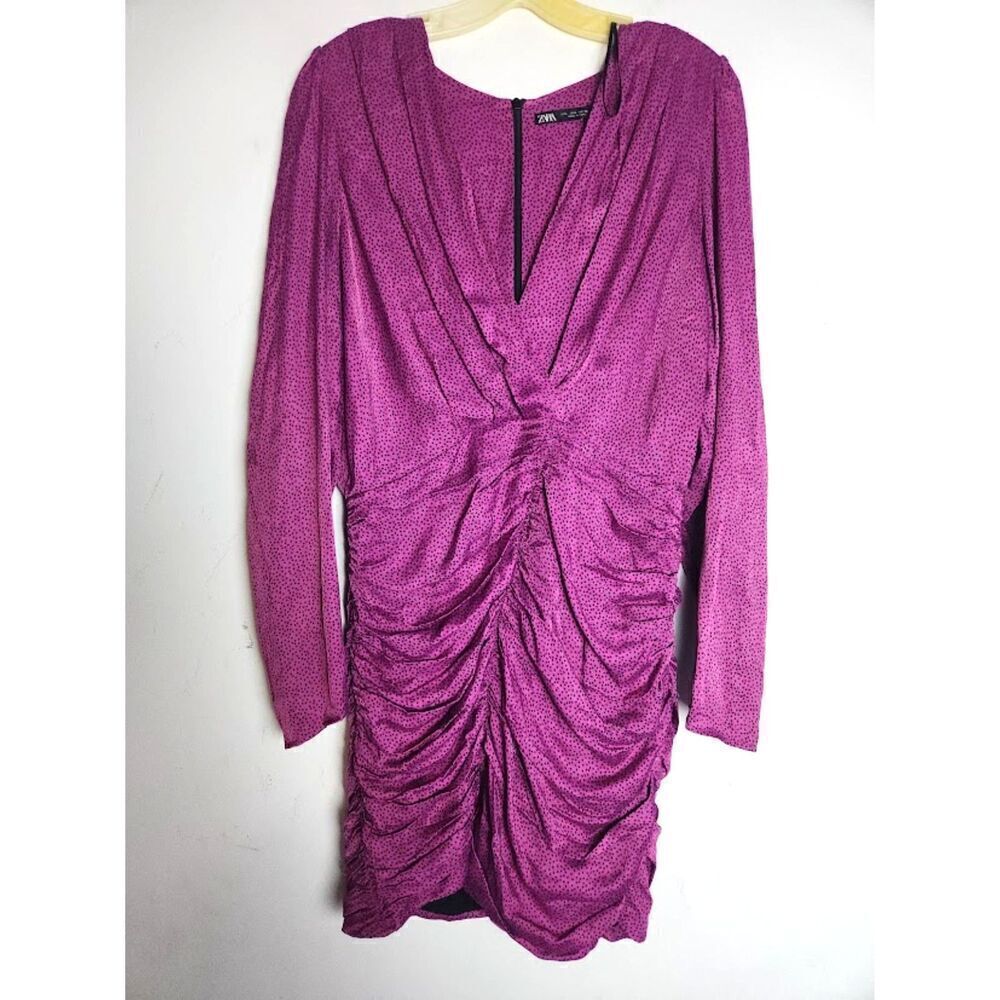 NWOT ZARA Purple Pink w/Black Swiss Dots V-Neck Rouched Satin Dress size Large